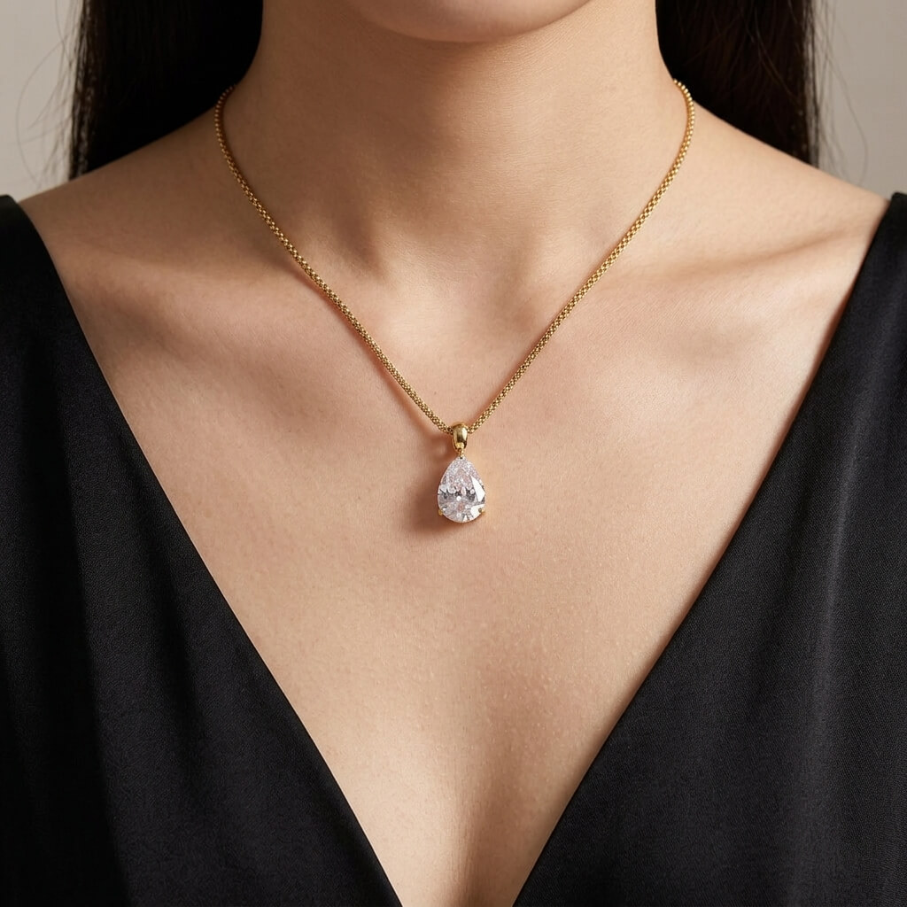 N0010 Pear Cubic Zirconia Solitaire Necklace 03
